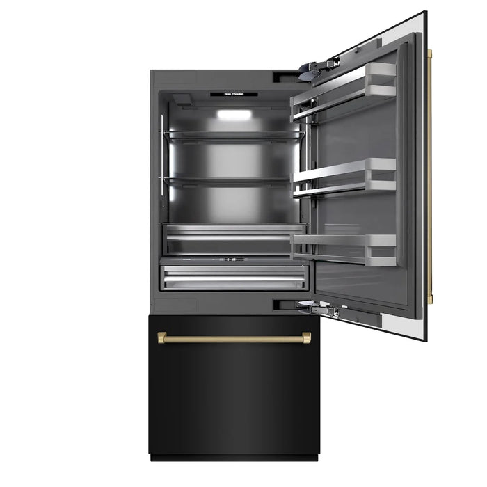 ZLINE Autograph Edition 36" Built-In Bottom Freezer Refrigerator, Water Dispenser, Ice Maker, Black Stainless Steel, Graphite Gray Interior,Helix Handles GRBITZ-BS36-KCB