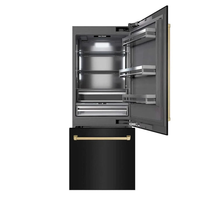ZLINE 30" Built-In Bottom Freezer Refrigerator with Water Dispenser, Ice Maker, Black Stainless Steel, Graphite Gray Interior, Champagne Bronze GRBIVZ-BS-30-CB