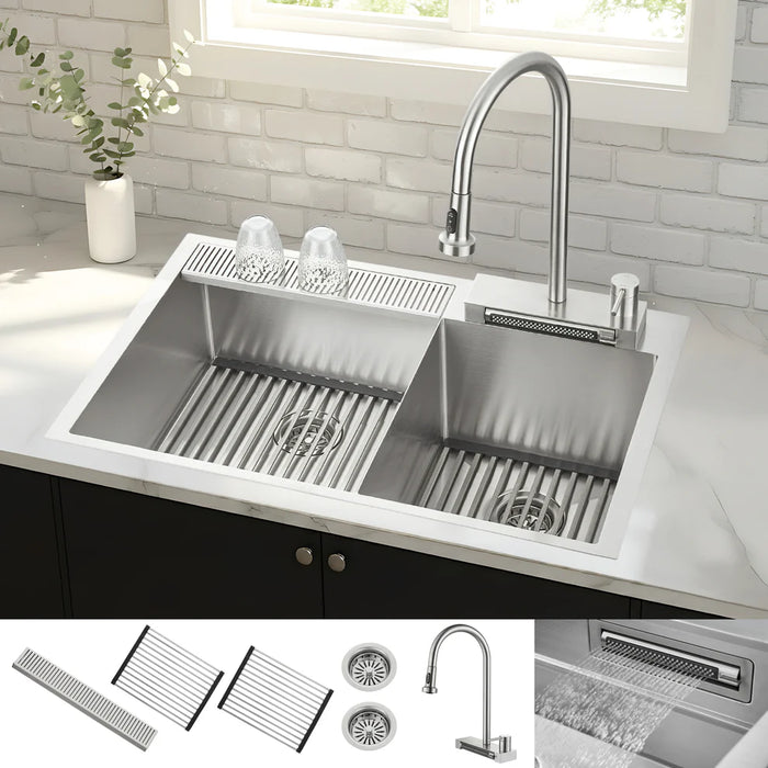 FORNO ACQUA 33" Drop-In/Undermount Stainless Steel Sink Faucet & Waterfall H-XN30