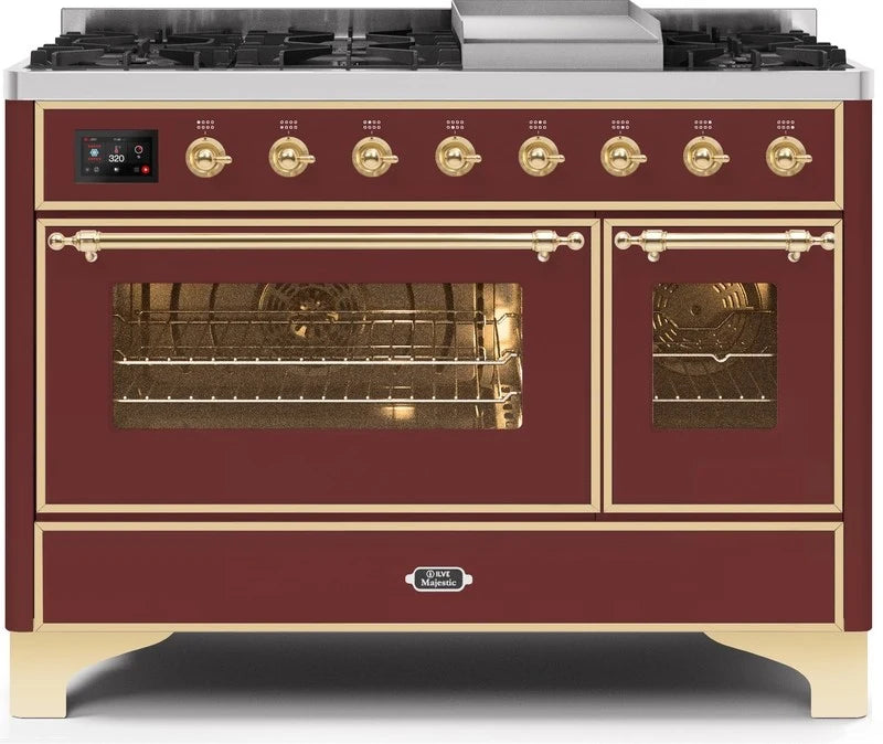 ILVE 48" Majestic II Dual Fuel Range, 8 Sealed Brass Burners, Griddle, Burgundy, Brass Trim UM12FDNS3BUG