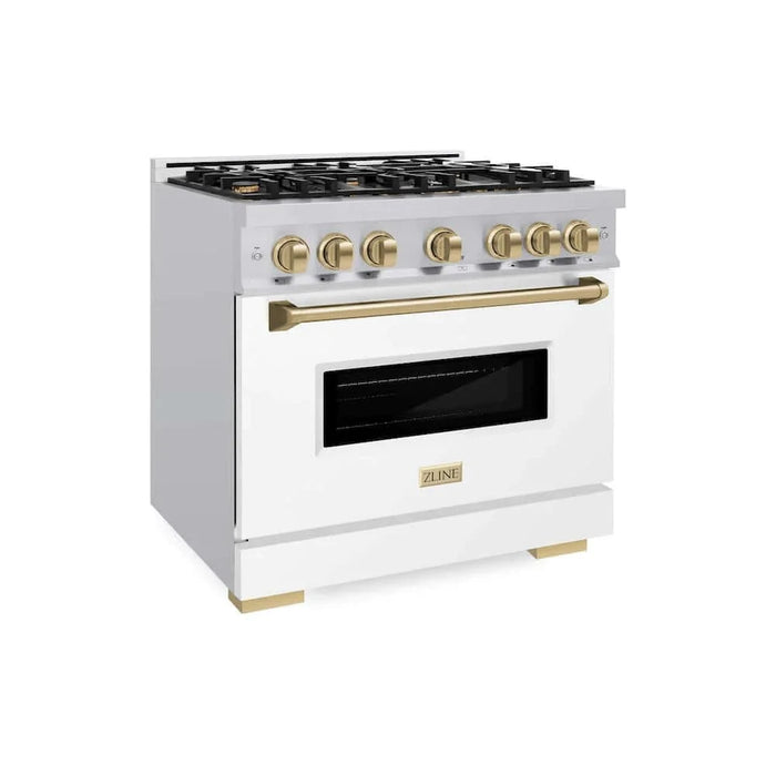 ZLINE 36" Classic Gas Range, Convection Gas Oven Stainless Steel, White Matte Door Champagne Bronze CGRZ-WM-36-CB