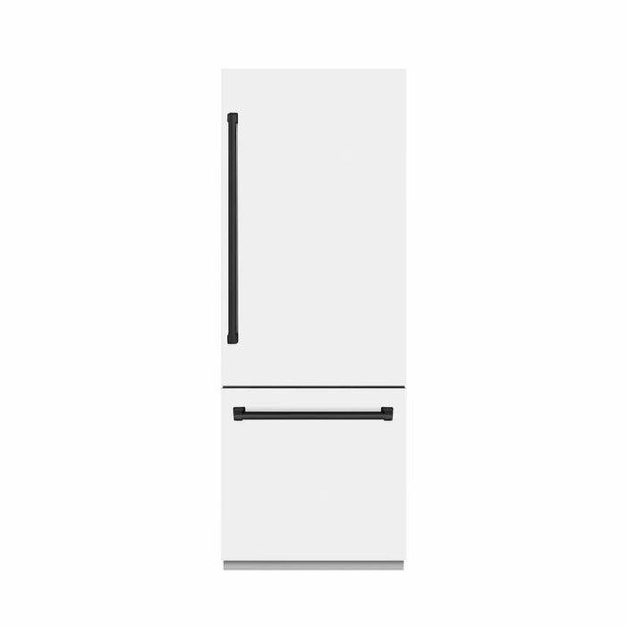 ZLINE 30" Built-In Bottom Freezer Refrigerator with Water Dispenser, Ice Maker, White Matte, Graphite Gray Interior, Matte Black GRBIVZ-WM-30-MB
