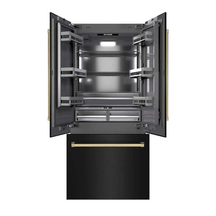 ZLINE 36" Built-In Bottom Freezer Refrigerator with Water Dispenser, Ice Maker, Black Stainless Steel, Graphite Gray Interior, Polished Gold GRBIVZ-BS-36-G