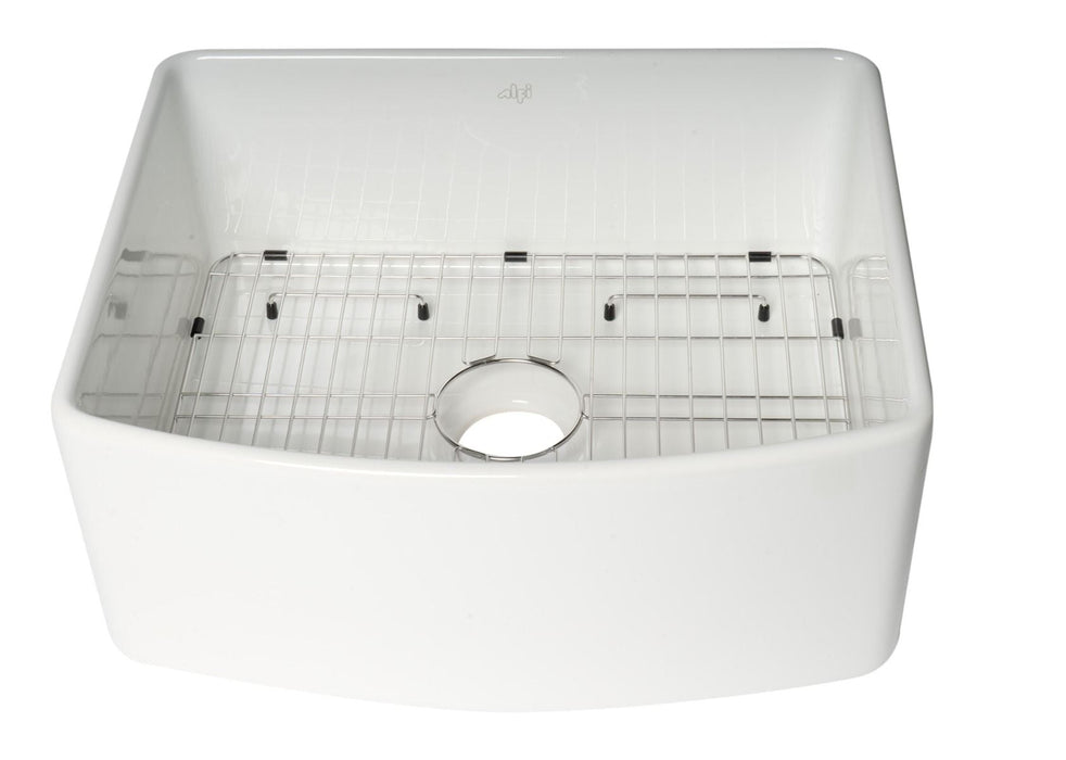 ALFI Brand White Smooth Curved Apron 24" Single Bowl Fireclay Farm Sink, Grid ABFC2420-W