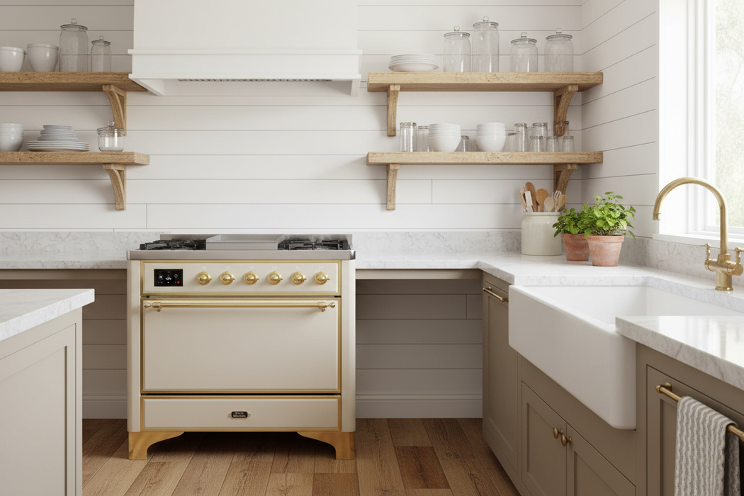 ILVE Majestic II 36" Liquid Propane Dual Fuel Range Antique White Brass Trim UM09FDQNS3AWGLP