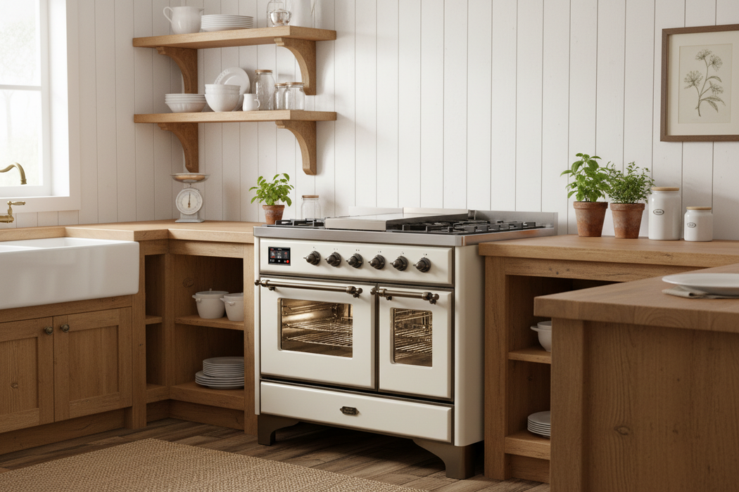 ILVE Majestic III 40" Dual Fuel, Range, Antique White, Burnished Trim UMD40FNR3AWB