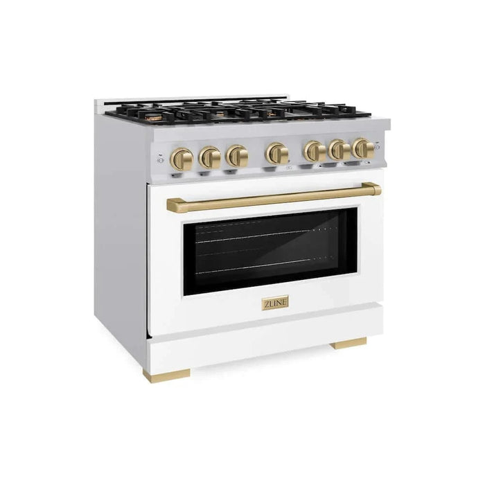 ZLINE 36"" Select Dual Fuel Range Gas Cooktop Electric Convection Oven Stainless Steel White Matte Doors Champagne Bronze HDRZ-WM-36-CB
