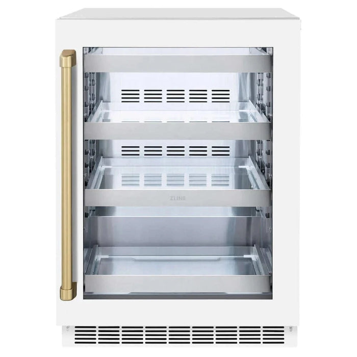 ZLINE 24" Touchstone 151 Can Beverage Fridge White Matte Glass Door Champagne Bronze Handle RBSOZ-WM-24-CB