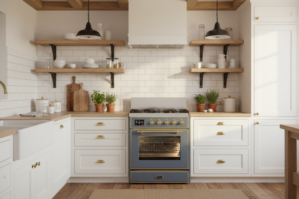 ILVE Majestic III 30" Dual Fuel, Natural Gas Range, Blue Grey, Brass Trim UM30NR3BGG