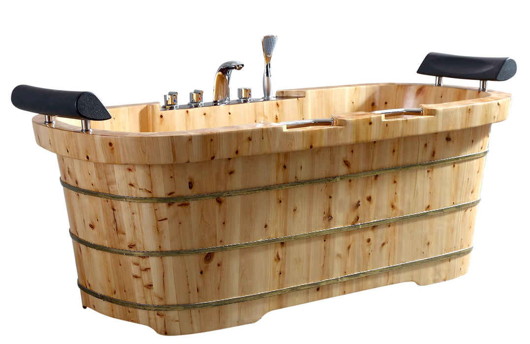ALFI brand 65" 2 Person Free Standing Cedar Wooden Bathtub, Fixtures, Headrests AB1130