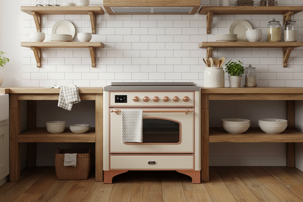 ILVE Majestic 36" Induction Range Antique White Copper Trim UMI09QNS3AWP