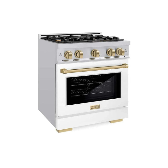 ZLINE 30" Select Dual Fuel Range Gas Cooktop Electric Convection Oven Stainless Steel White Matte Doors Champagne Bronze HDRZ-WM-30-CB