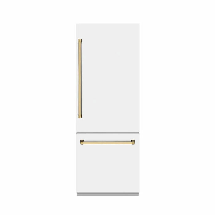 ZLINE 30" Built-In Bottom Freezer Refrigerator with Water Dispenser, Ice Maker, White Matte, Graphite Gray Interior, Polished Gold GRBIVZ-WM-30-G