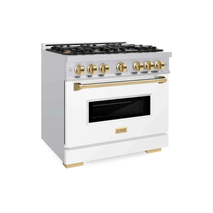 ZLINE 36" Classic Gas Range, Convection Gas Oven Stainless Steel, White Matte Door Polished Gold CGRZ-WM-36-G
