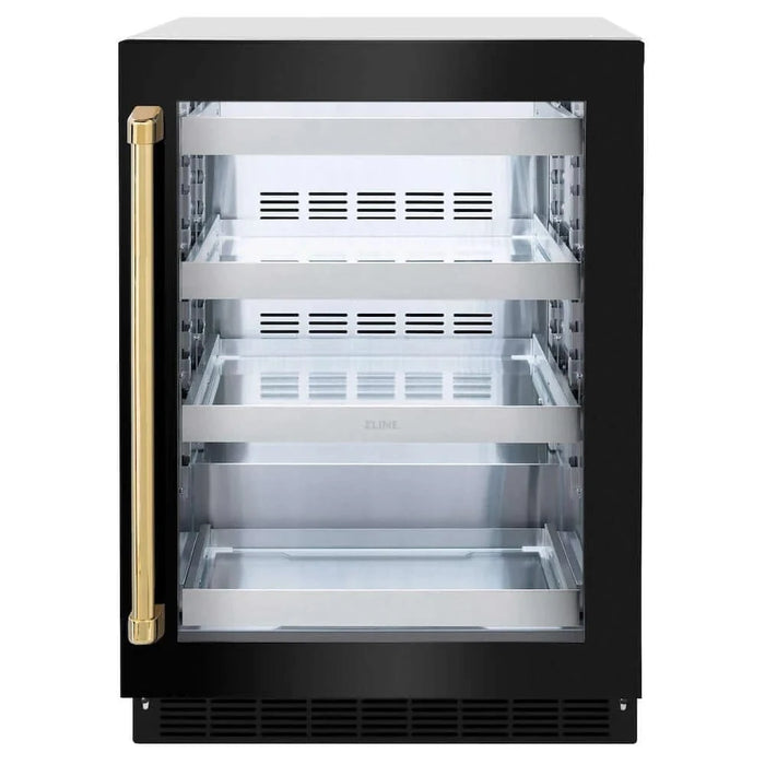 ZLINE 24" Touchstone 151 Can Beverage Fridge Black Stainless Steel Glass Door Gold Handle RBSOZ-BS-24-G