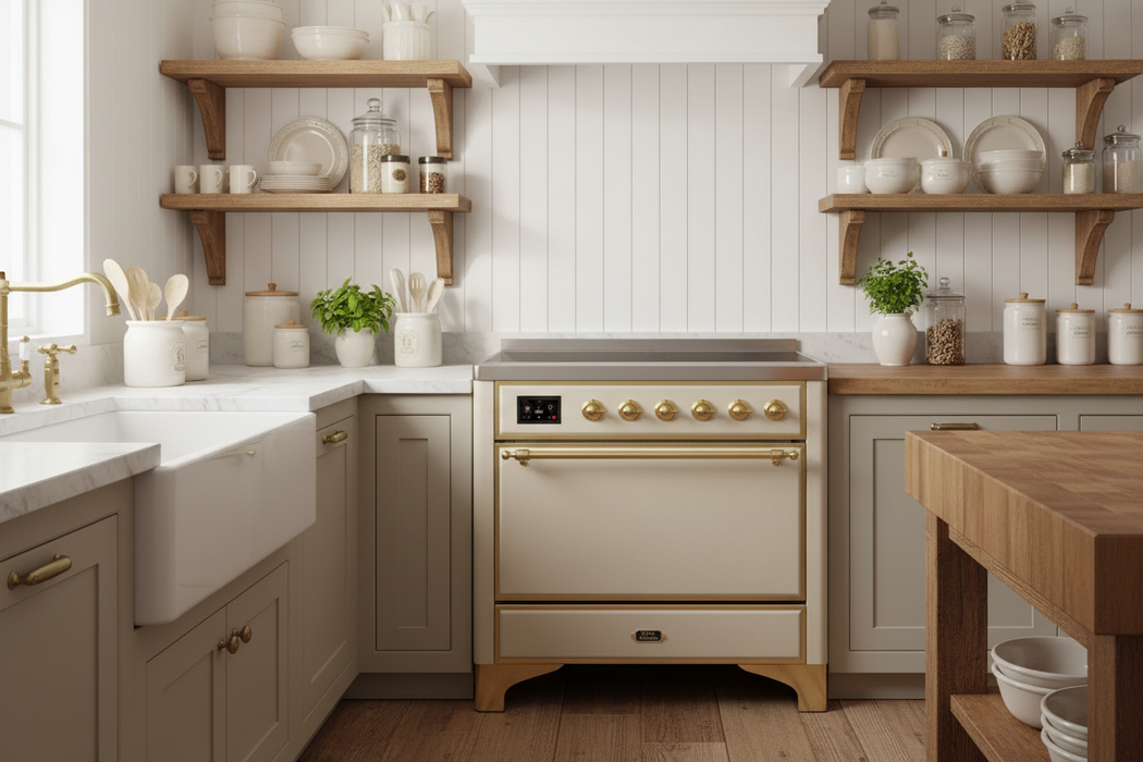 ILVE Majestic 36" Induction Range Antique White Brass Trim UMI09QNS3AWG