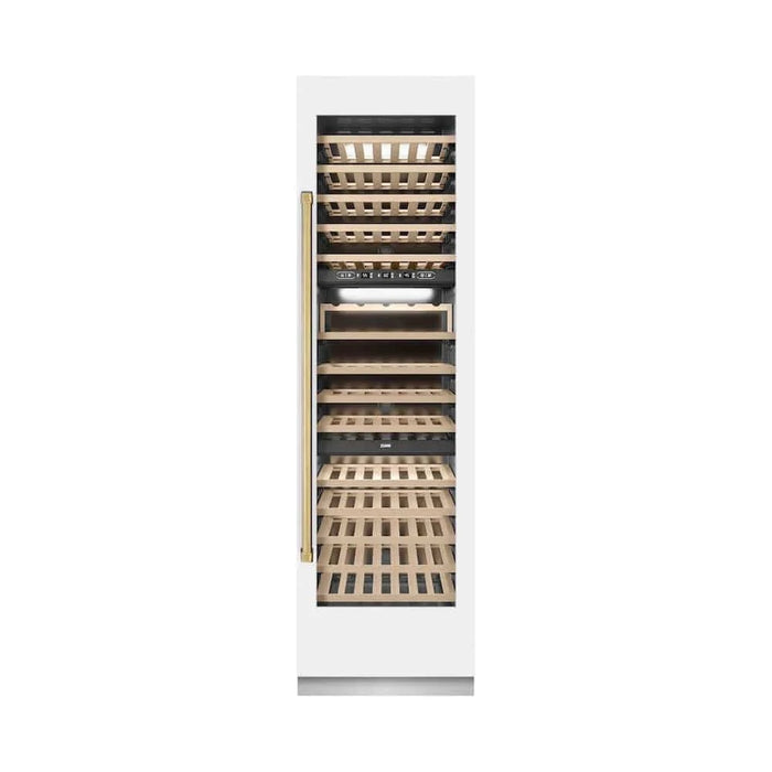 ZLINE 24"Triple Zone 100 Bottle Column Wine Cooler, White Matte Stainless Steel Polished Gold RCWVZ-WM-24-G