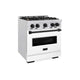 ZLINE 30" Dual Fuel Range, Gas Cooktop, Electric Convection Oven DuraSnow® Stainless Steel, White Matte Door, Matte Black CDRSZ-WM-30-MB