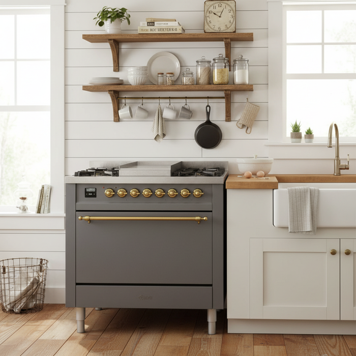 ILVE Nostalgie II 36 " Dual Fuel Natural Gas Range, Graphite Matte Brass Trim, UP36FQNMPMGG