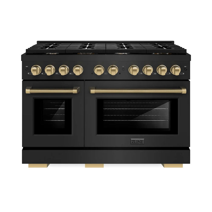 ZLINE Autograph Edition 48" Paramount Dual Fuel Range, 6 Burner Gas Cooktop, Electric Convection Oven, Black Stainless Steel, Helix Handle and Knob SDRBZ-48-KCB