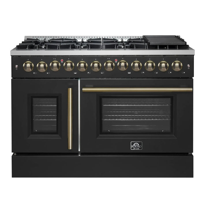 Forno Galiano 48" French Door Dual Fuel Range, 8 Burners, Electric Convection Oven, Black Antique Brass Trim, FFSGS6356-48BLK