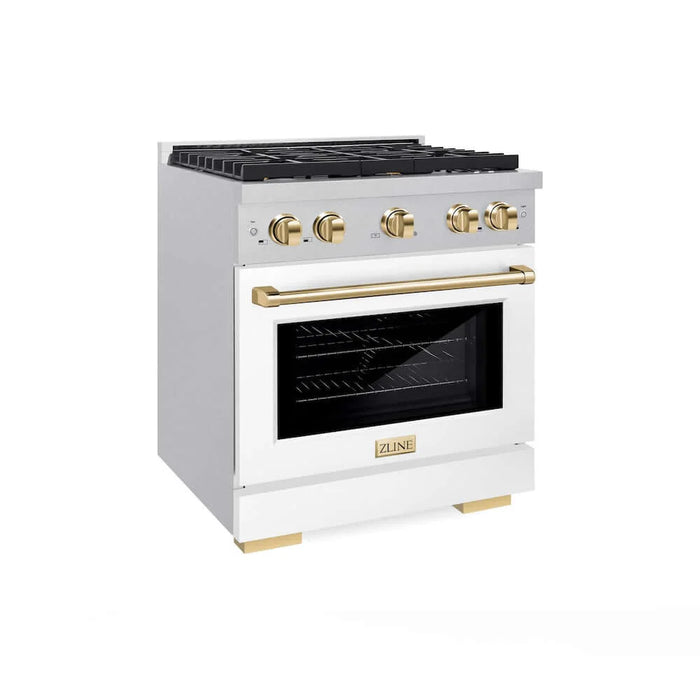 ZLINE 30"Gas Range, Convection Gas Oven, DuraSnow® White Matte, Gold SGRSZ-WM-30-G