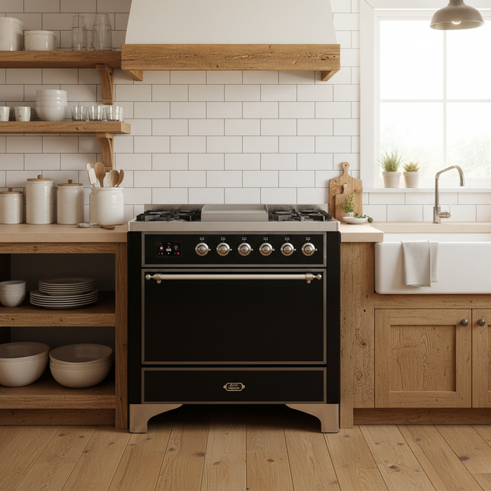 ILVE Majestic II 36" Dual Fuel Range Glossy Black Chrome Trim UM09FDQNS3BKC