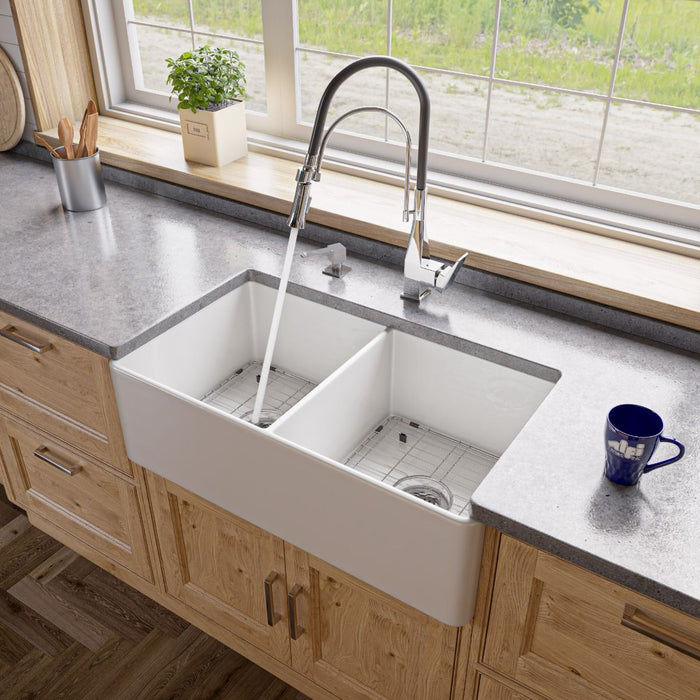 ALFI brand Smooth Apron 33" Double Bowl Fireclay Farm Sink ABF3318D