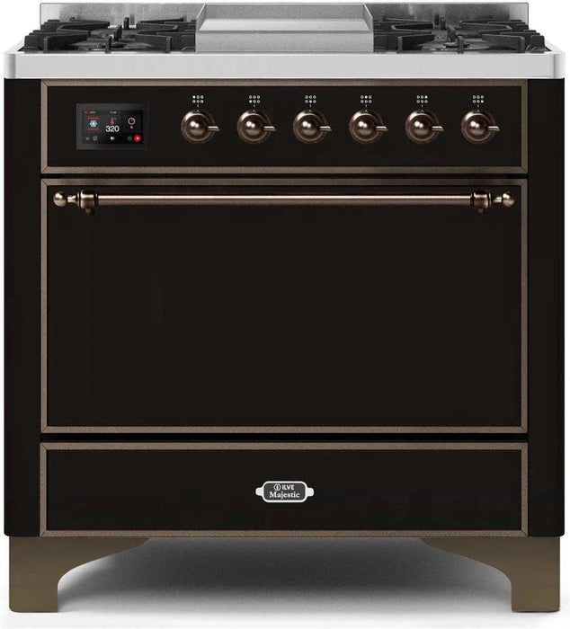 ILVE Majestic II 36" Liquid Propane Dual Fuel Range Glossy Black Bronze Trim UM09FDQNS3BKBLP