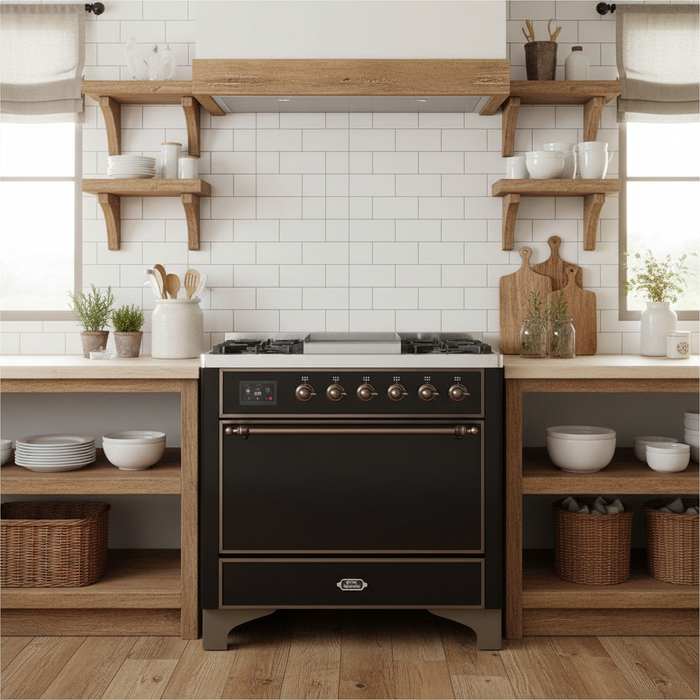ILVE Majestic II 36" Liquid Propane Dual Fuel Range Glossy Black Bronze Trim UM09FDQNS3BKBLP
