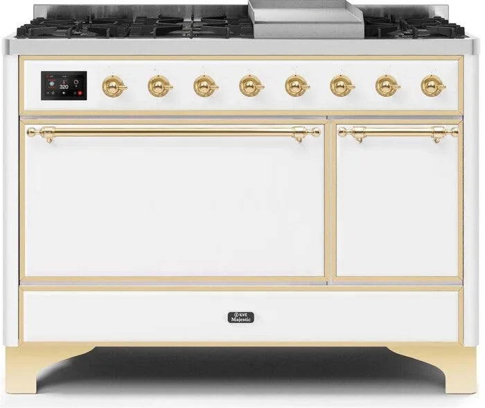 ILVE Majestic II 48" Dual Fuel Range White w/ Brass Trim UM12FDQNS3WHG