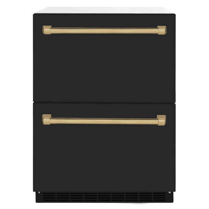 ZLINE Autograph Edition 24" Touchstone 168 Can Outdoor-Rated Dual Refrigerator Drawer, Black Matte Door, Accents  RDSOZ-BLM-24-CB