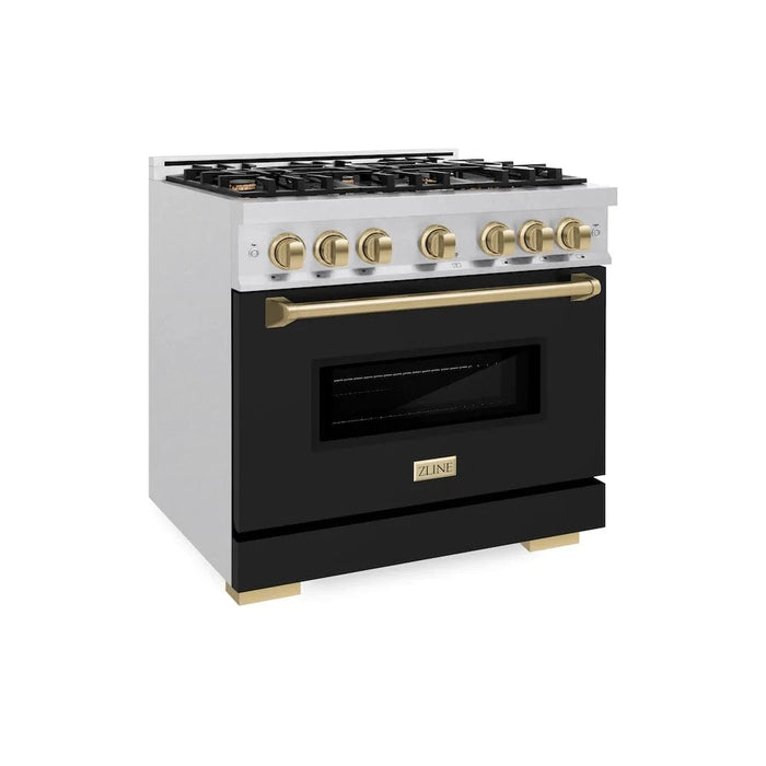 ZLINE 36" Dual Fuel Range, Gas Cooktop, Electric Convection Oven DuraSnow®Stainless Steel, Black Matte Door Champagne Bronze CDRSZ-BLM-36-CB