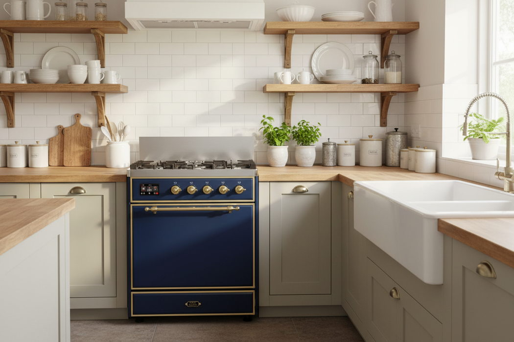 ILVE Majestic III 30" Dual Fuel Range, Midnight Blue Brass Trim UM30QNR3MBG