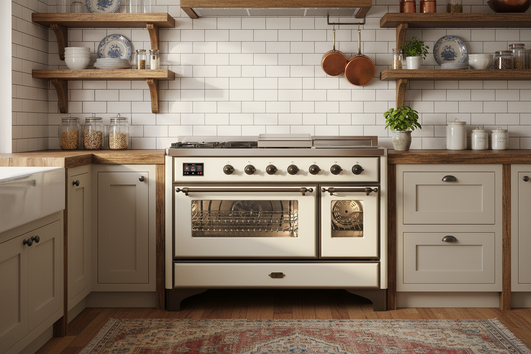 ILVE Majestic III 48" Dual Fuel, Range, Antique White, Burnished Trim UM48FSNR3AWB