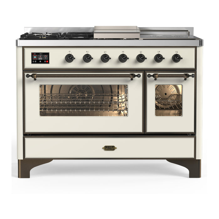 ILVE Majestic III 48" Dual Fuel, Range, Antique White, Burnished Trim UM48FSNR3AWB