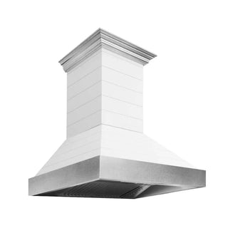 ZLINE Wooden Wall Mount Range Hood Rustic Shiplap Bright White Finish, Stainless Steel Accents 365WW-30