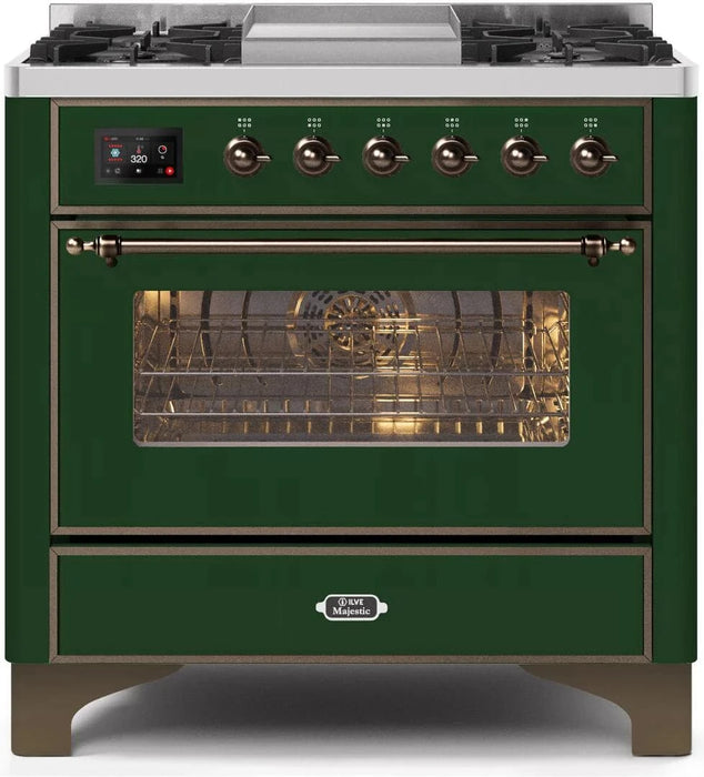 ILVE 36" Majestic II Liquid Propane Dual Fuel Range Emerald Green Bronze Trim UM09FDNS3EGBLP