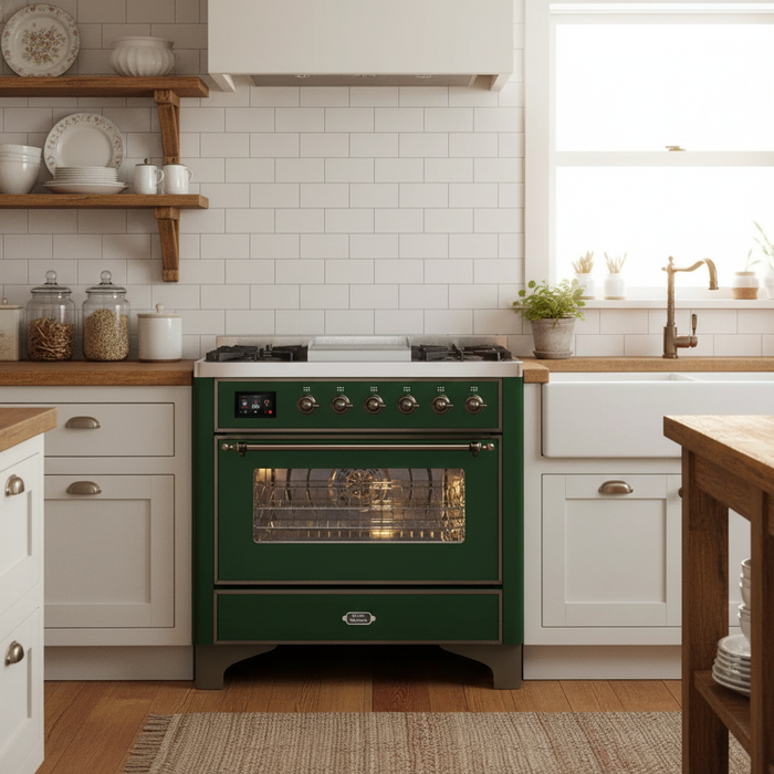 ILVE 36" Majestic II Dual Fuel Range Emerald Green Bronze Trim UM09FDNS3EGB