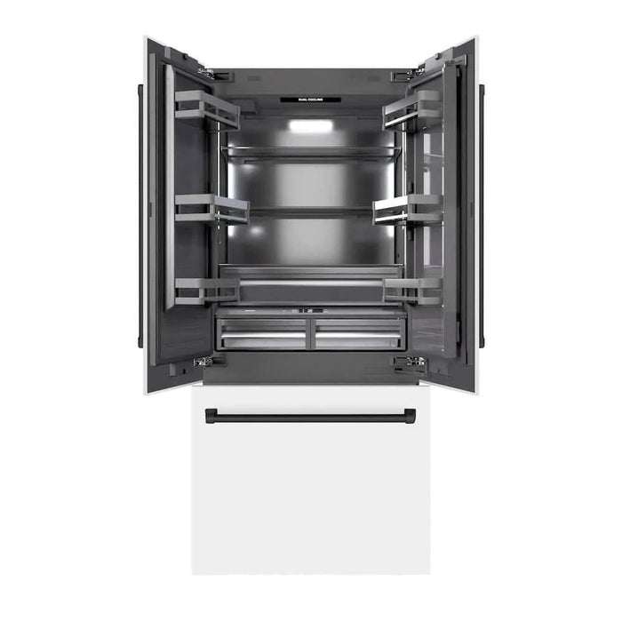 ZLINE 36" Built-In Bottom Freezer Refrigerator with Water Dispenser, Ice Maker, White Matte, Graphite Gray Interior, Matte Black GRBIVZ-WM-36-MB