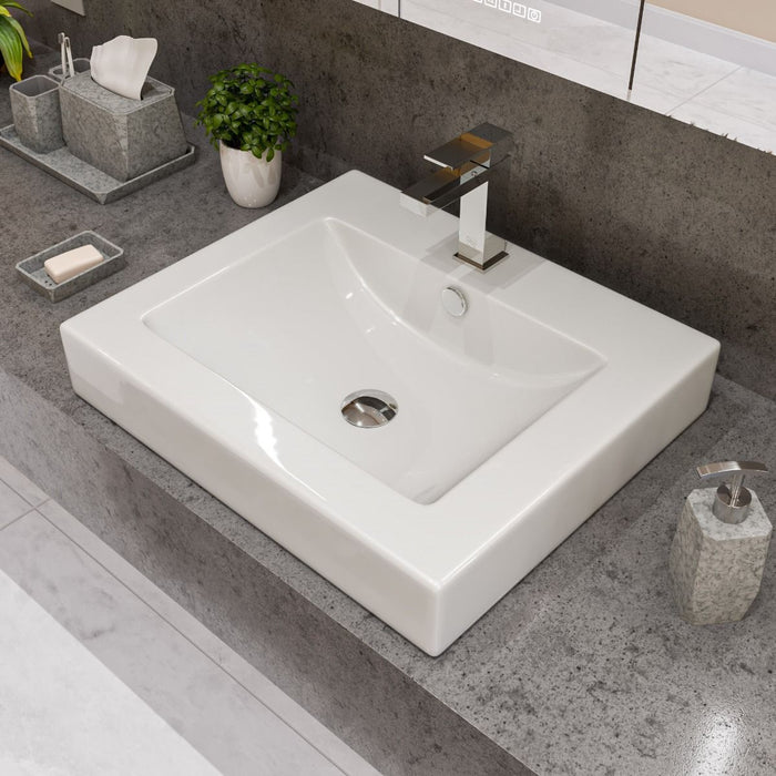 ALFI brand White 24" Rectangular Semi Recessed Ceramic Sink, Faucet Hole ABC701