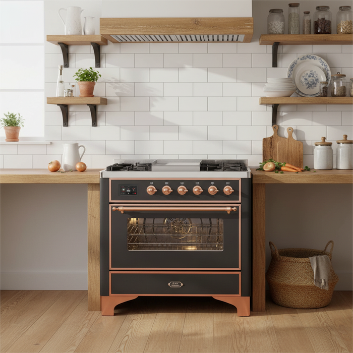 ILVE Majestic II 36" Liquid Propane Dual Fuel Range Matte Graphite Copper Trim UM09FDNS3MGPLP