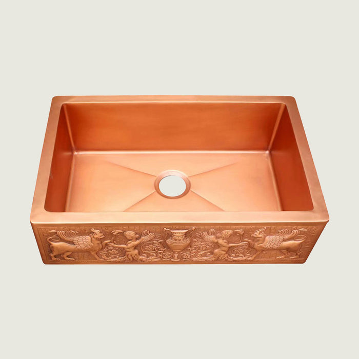 NAUXUS Copper Farmhouse Kitchen Sink, Handmade Hammered Single-Bowl Copper Apron Sink Include Kitchen Basket Stainer , FMHK05-NX