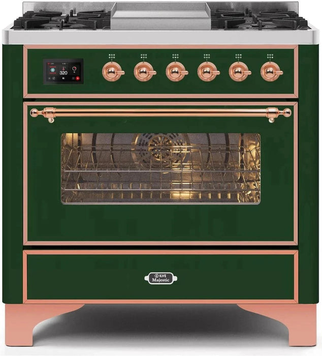 ILVE 36" Majestic II Liquid Propane Dual Fuel Range Emerald Green Copper Trim UM09FDNS3EGPLP