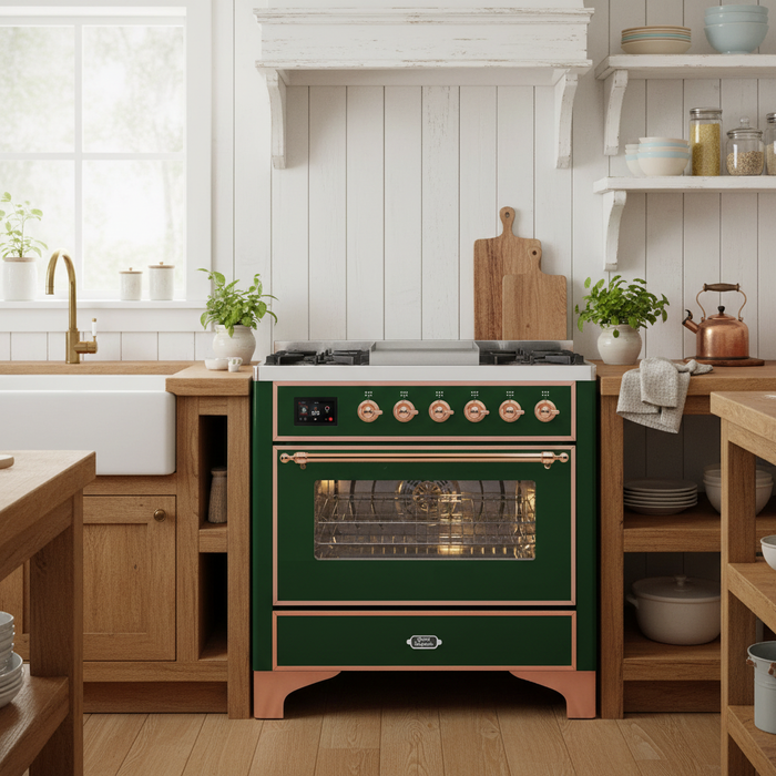 ILVE 36" Majestic II Dual Fuel Range Emerald Green Copper Trim UM09FDNS3EGP