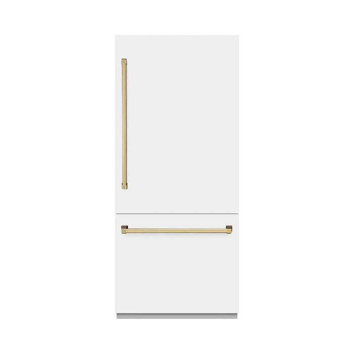 ZLINE 36" Built-In Bottom Freezer Refrigerator,Water Dispenser, Ice Maker, White Matte Polished Gold RBITZ-WM-36-G