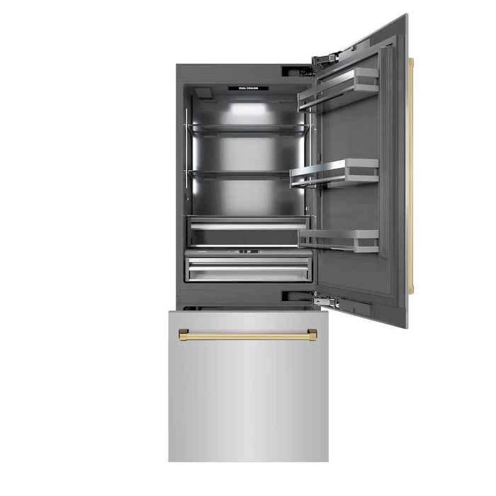 ZLINE 30" Built-In Bottom Freezer Refrigerator with Water Dispenser, Ice Maker, Stainless Steel, Graphite Gray Interior, Polished Gold GRBIVZ-304-30G