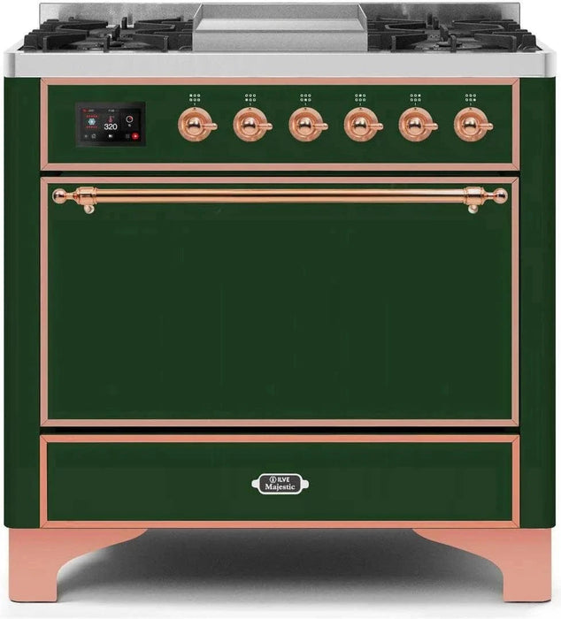 ILVE Majestic II 36" Liquid Propane Dual Fuel Range Emerald Green Copper Trim UM09FDQNS3EGPLP