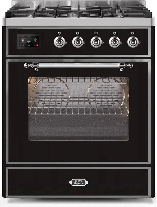 ILVE Majestic II 30" Liquid Propane Dual Fuel Range Glossy Black Chrome Trim UM30DNE3BKCLP