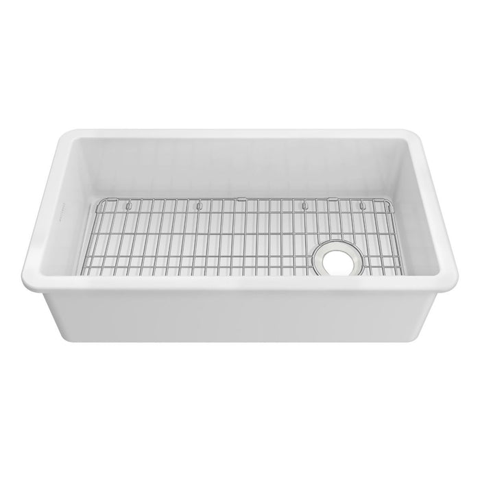 Whitehaus 34" Undermount Fireclay Kitchen Sinks, Stainless Steel Grid WHUF3419